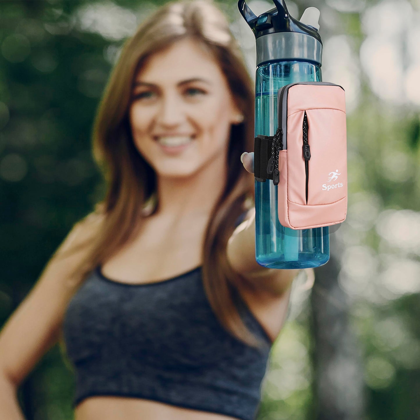 ananlu Bottle Caddy Gym Water Bottle Pouch Sleeve with Zipper Side Storage Pockets for Cards, Keys, Phone, or Wallet for Reusable, Gym Bottle Accessories for Men Women