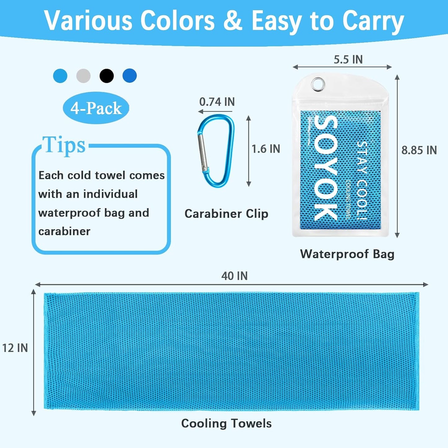 Cooling Towels 4-Pack | 40” x 12” Microfiber Gym Towels | Soft & Breathable