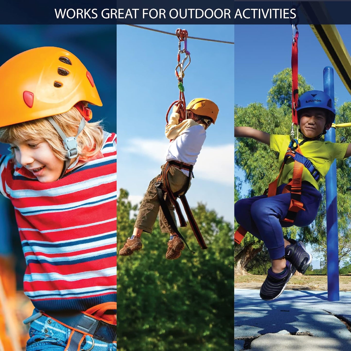 Fusion Adjustable Outdoor Strap Kit for Kids – Padded Belt with Leg Loops for Tree Adventures, Indoor Obstacle Play & Gear Attachment – Blue/Orange