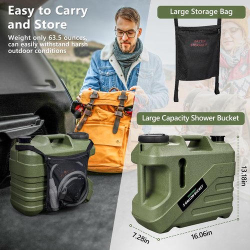 Portable Shower for Camping with 5-Gallon Water Jug, Rechargeable Camping Shower, Food Grade Material Water Containers for Fruit & Vegetables Wash, Integrate Design for Outdoors, Hiking, 2 Batteries