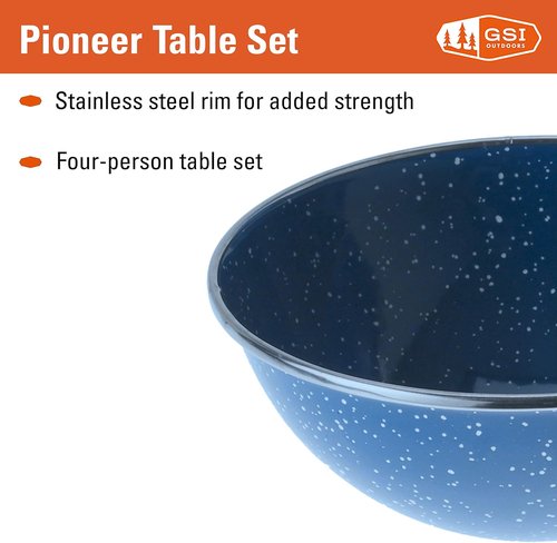 GSI Outdoors Pioneer Enamel 12 Pieces (4-Person) Dish Set I Enamelware Dishes Including Plates, Bowls and Mugs for Camping, Outdoors, RV, Camp, Green