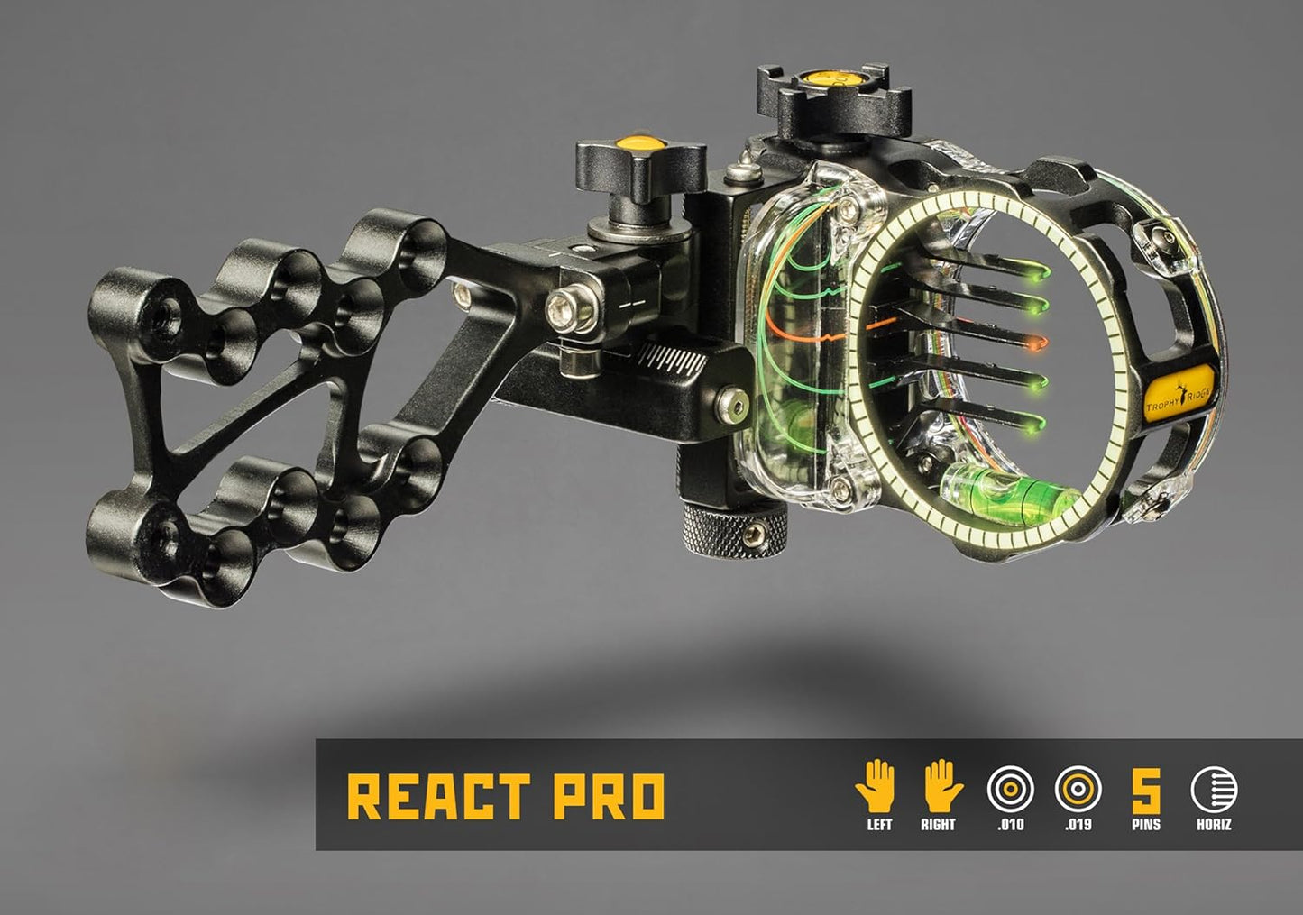 Trophy Ridge React Pro 5 Pin Bow Sight - Lighter, Stronger, More Reliable - Tool Less Windage and Elevation Adustability, 2nd/3rd Axis Leveling, Adjustable Click Light, Glow Ring