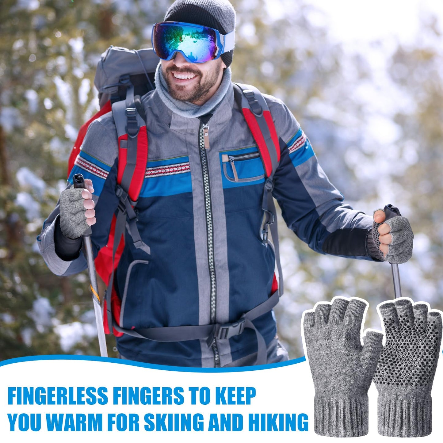 Geyoga 2 Pairs Wool Fingerless Fishing Gloves for Men Women Anti-Slip with Grip Dots Warm Winter Fly Ice Fishing Gloves(Black and Gray,Fingerless)