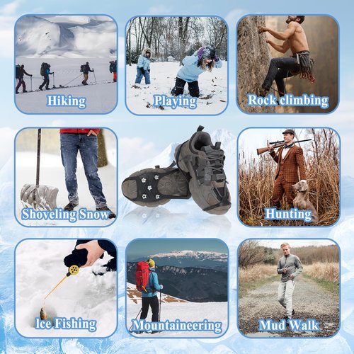 Ice Cleats for Shoes and Boots, Ice Snow Gripper Shoe/Boot Traction Cleats with 8 Stainless Steel Spikes, Winter Outdoor Anti-Slip Crampons for Walking, Climbing and Hiking(L)