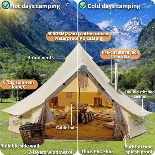 DANCHEL OUTDOOR B5PRO Canvas Bell Tent, 4 Season Glamping Yurt with Stove Jack& AC Port for 4/6/8 Person Family Camping Winter Large Hot Tent Hunting Party Backyard, 13ft/16.4ft/20ft