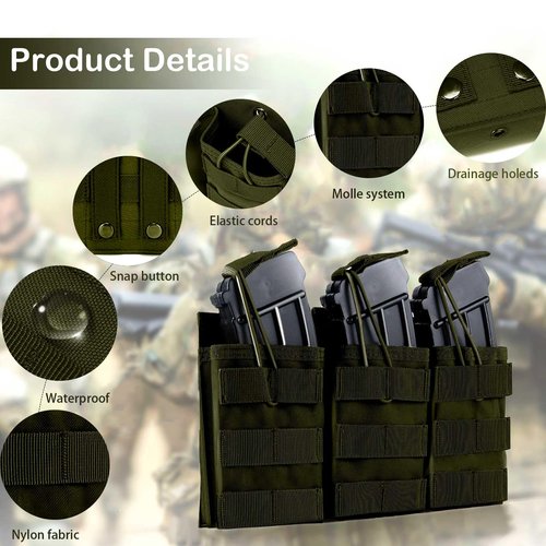 Tactical Mag Pouch, Triple Rifle Magazine Holster, Molle Pistol Nylon Magazine Holder with Quick Release Magazine Pouch Insert for with Adjustable Bungee Straps for Easy Carry and Use