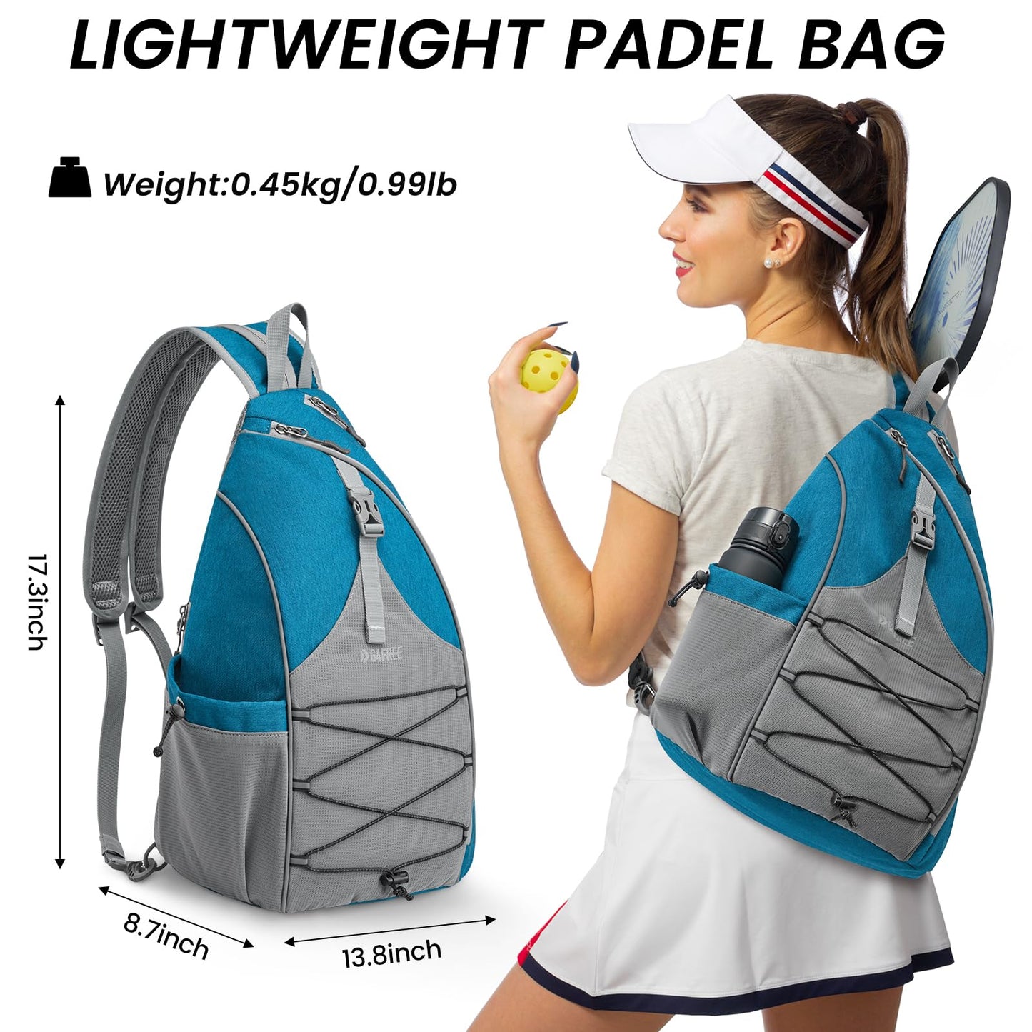 G4Free Pickleball Bag, Pickleball Backpack for Women & Men, Adjustable Sling Bag with Waterproof Pocket/Fence Hook, Teal Blue