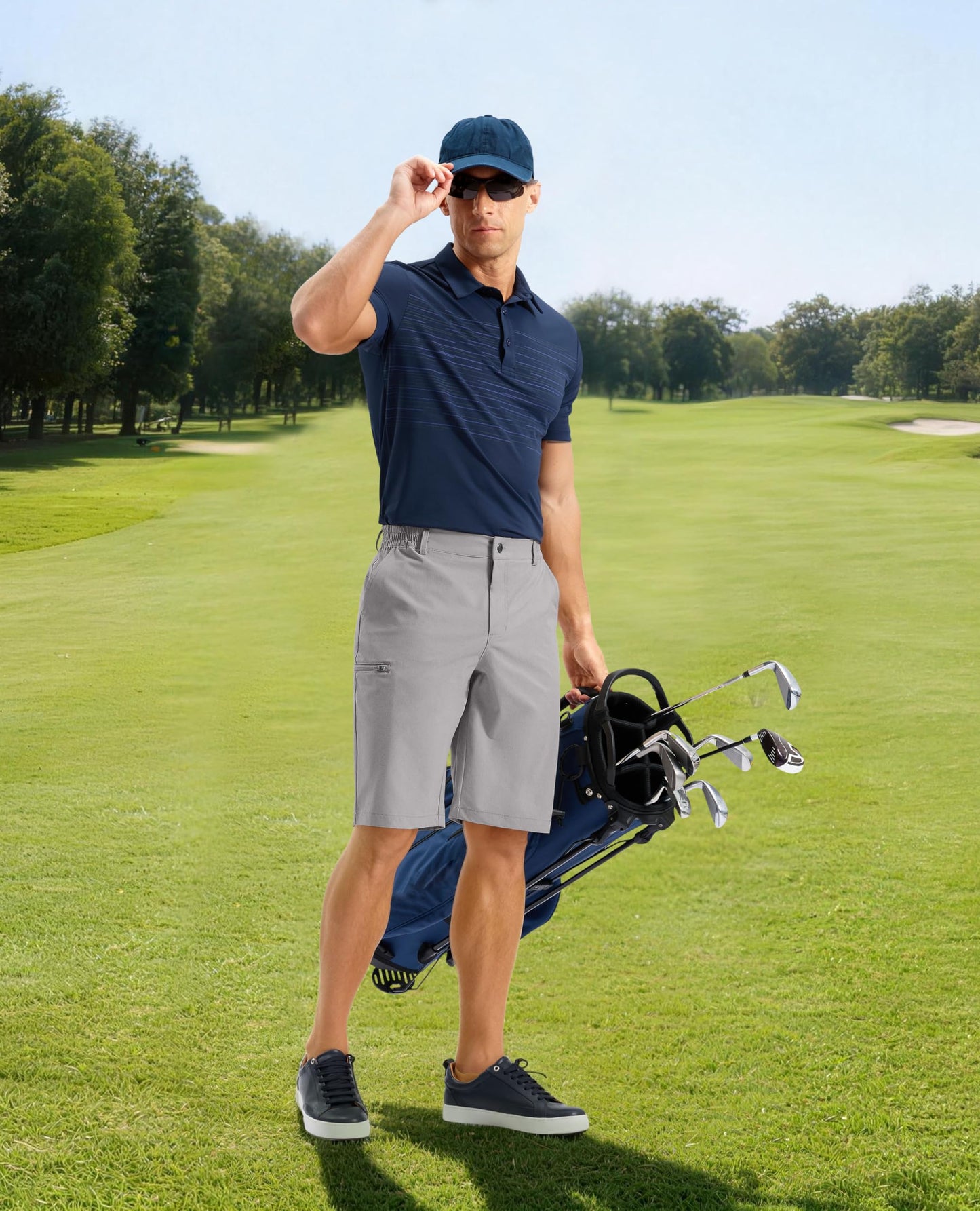 G Gradual Men's Golf Shorts 11" Long with 4 Pockets Lightweight Knee Length Elastic Waist Quick Dry Casual Dress Work Shorts (Light Grey, L)