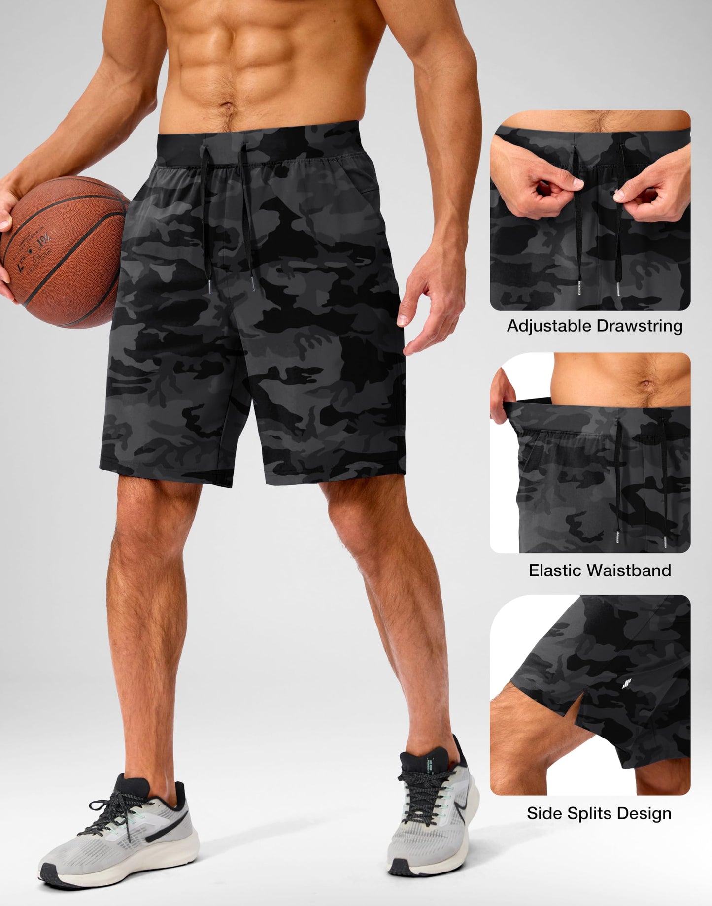 Soothfeel Men's Running Shorts with Zipper Pockets 9 Inch Lightweight Quick Dry Gym Sports Athletic Workout Basketball Shorts for Men (Grey Camo, XL)