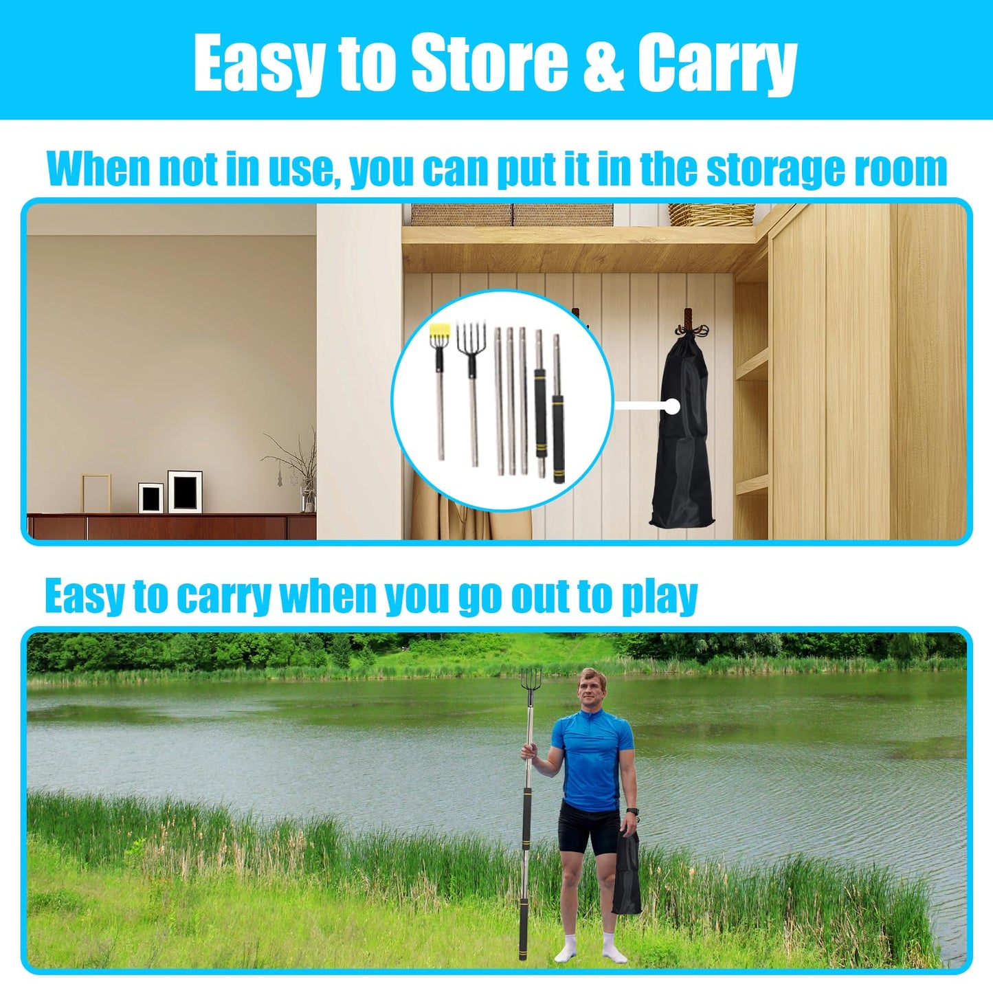 Frebuta Frog Gigging Pole,2 to 6Ft Fishing Gig Gaff with Barbed 5-Prong Harpoon Stainless Steels Flounder Gig Extension Pole Long Handle with Spong Handle Hunting Bullfrog Spears Fish Hook Sturdy