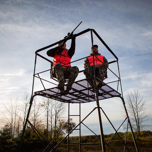 Rivers Edge® 12’ 2-Man Quad Pod Tower Stand, TearTuff™ Mesh Seats, 360-Degree Swivel Chairs, Adjustable Padded Shooting Rail, Unmatched Stability, Oversized Platform, RE401