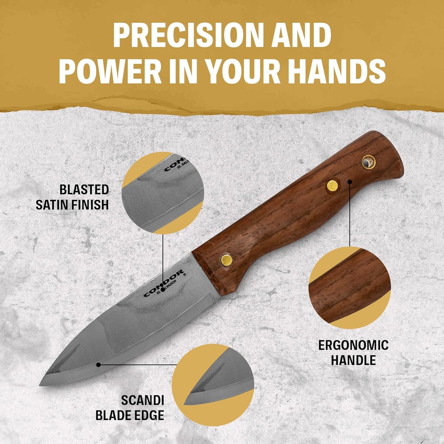 Condor Bushlore Knife - Bushcraft Knife - 1075 High Carbon Steel - Walnut Handle - Scandi Grind - Small Fixed Blade Knives - Hand Crafted Leather Sheath - 3mm Thick - 4.3in Blade - 6.1 oz