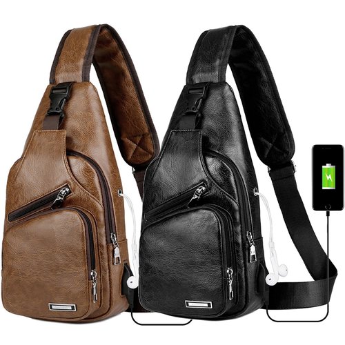 Peicees Pack of 2 Medium Leather Sling Bag Mens Crossbody Bag Chest Bag Sling Backpack for Men with USB Charge Port, Light Brown&Black