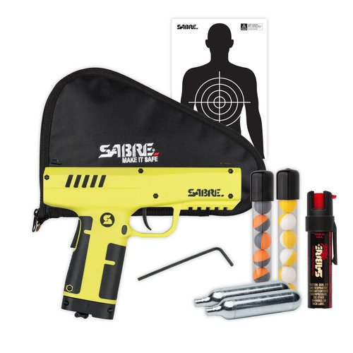 SABRE Home Defense Pepper Projectile Launcher, Large Size with (7) 0.68 Cal. Projectiles - 40% More Stopping Power for Extra Home Protection, 6.89”W x 8.56”H, and Made in USA SABRE Pepper Gel Canister