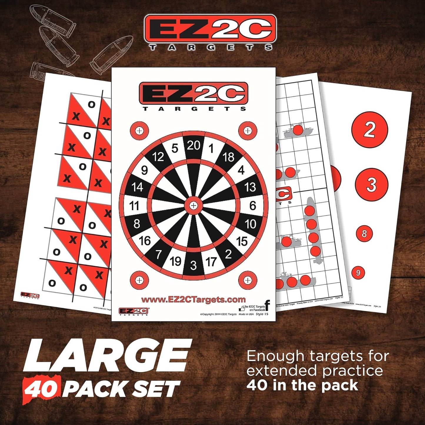 EZ2C Four Game Style Target Paper for Gun Shooting Range, USA Made Handgun, Rifle and Pistol, Made in USA (11x17 inch) (4 Style Bundle 40)