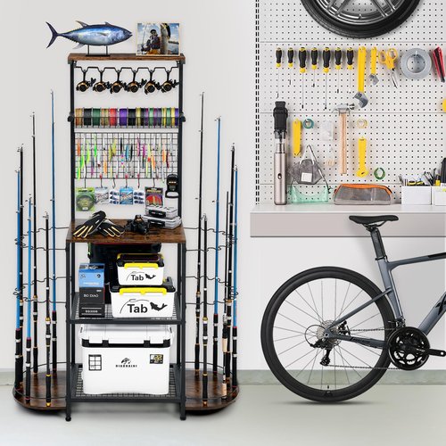 SINGBLA Fishing Rod Holders for Garage,Large Capacity Fishing Pole Holders for Garge, Holds 24 Fishing Rod Tackle Storage, Fishing Rod Tackle Fishing Gear and Equipment Organizer, Brown