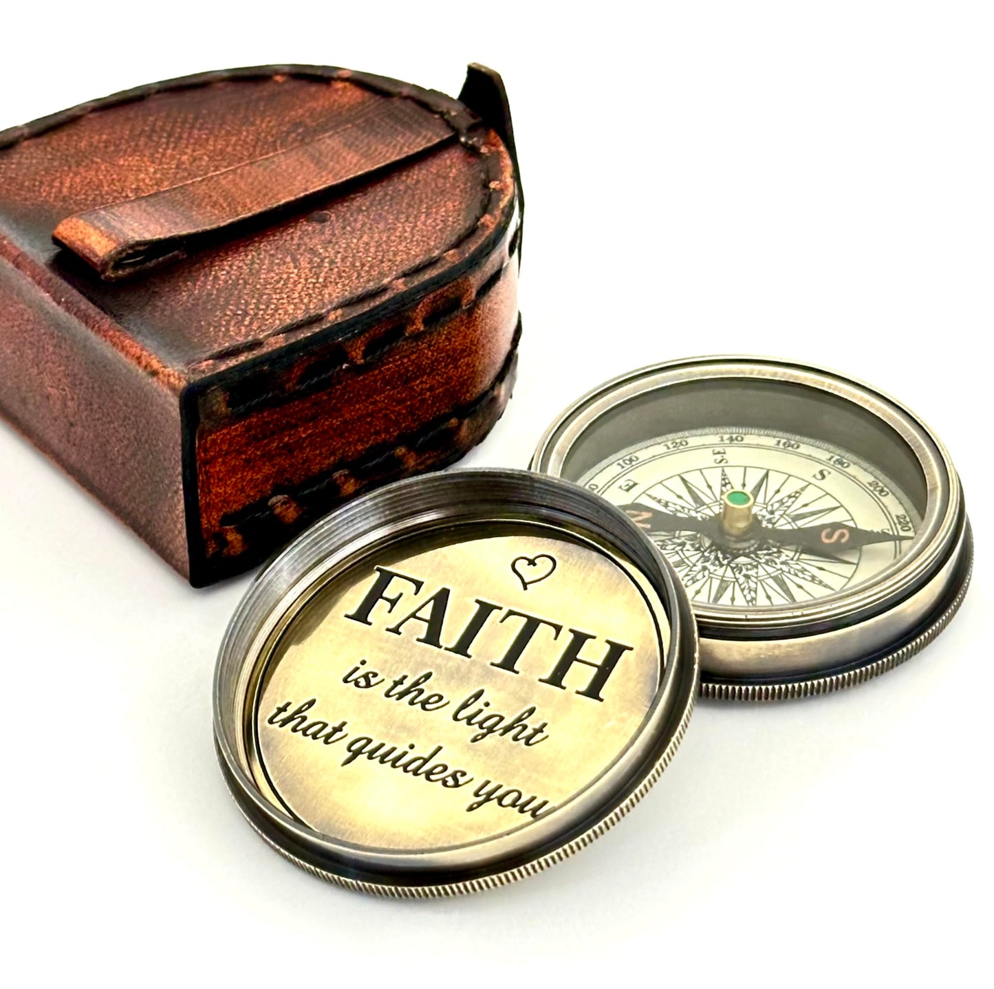 Faith Compass – Inspirational Gift for Men & Boys | Christian Baptism, Communion, Confirmation, or Graduation Present | “Faith is The Light That Guides You” Engraved | Leather Case