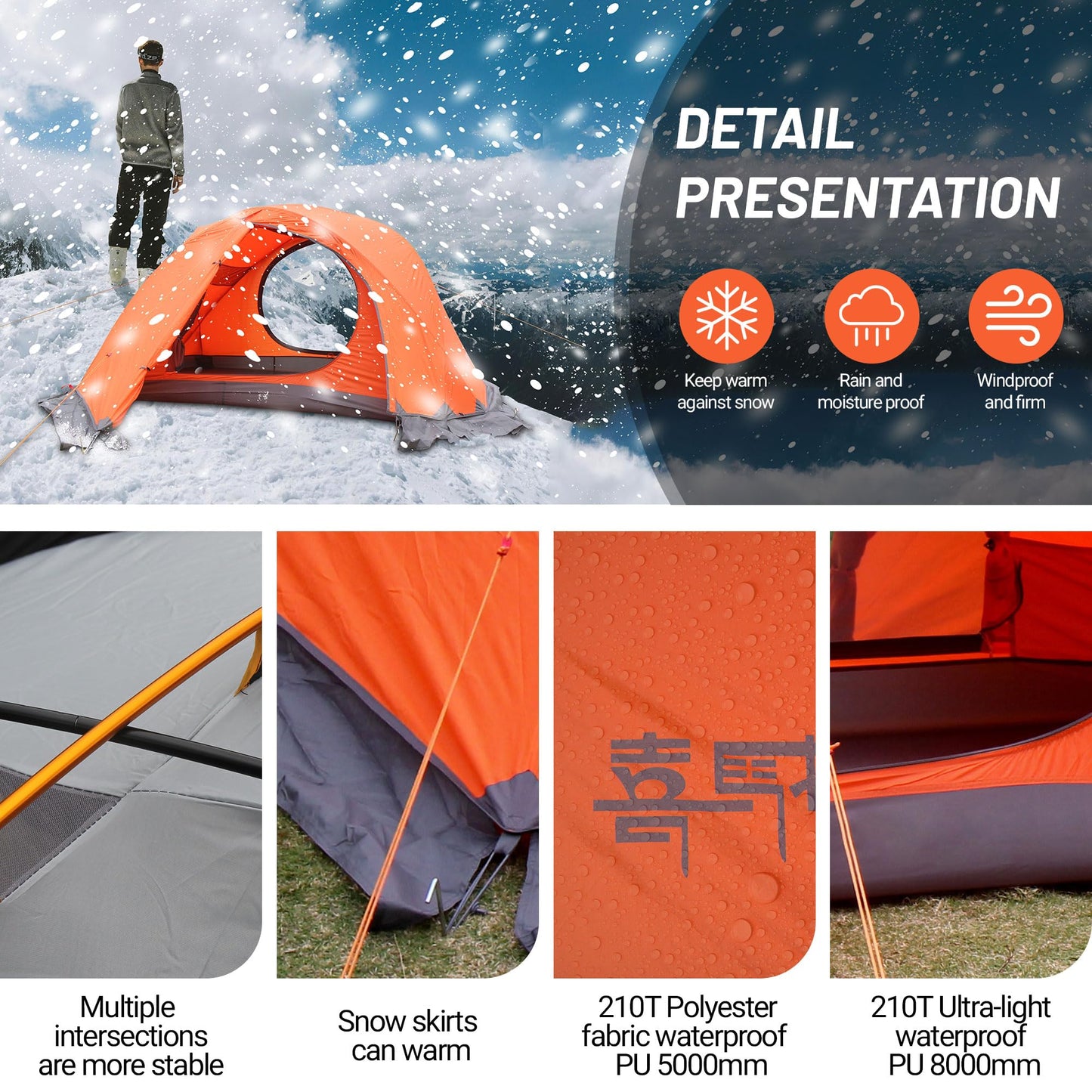 2 Person 4 Season Tent, Winter Camping Tent Ultralight Waterproof Camping Tent PU8000mm Easy Set Up for Winter, Cold Weather Outdoor Camping Hiking Family Mountaineering