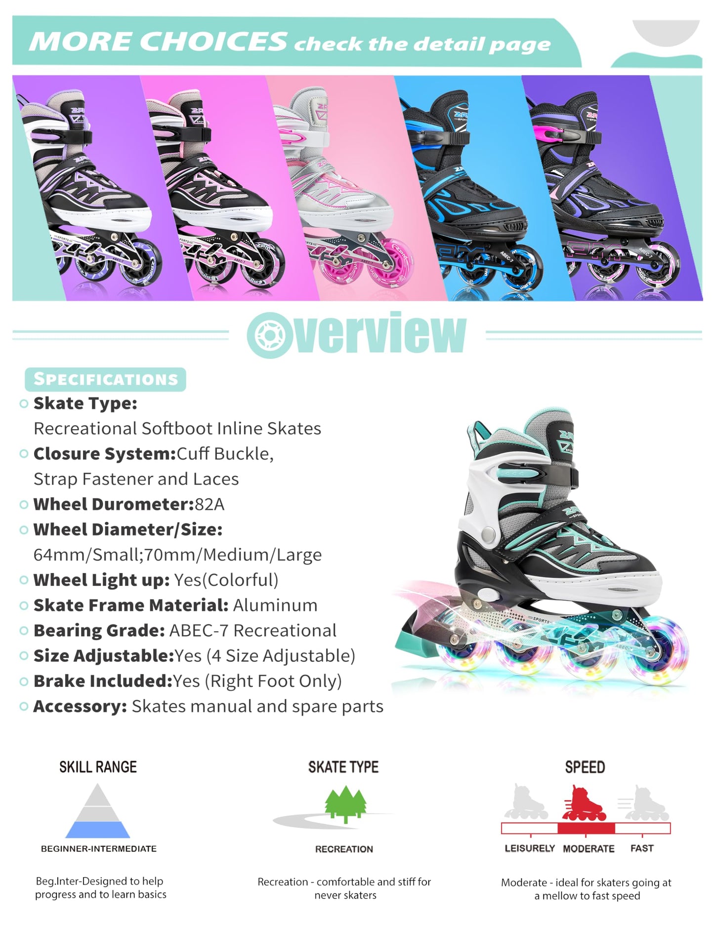 2PM SPORTS Cytia Pink Girls Adjustable Illuminating Inline Skates with Light up Wheels, Fun Flashing Beginner Roller Skates for Kids (Mint, Large - Youth (3-6 US))