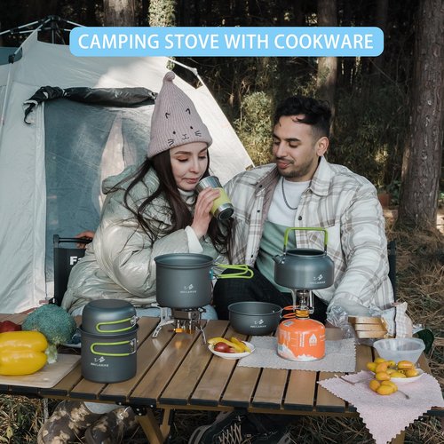 WAILAMHK 14pcs Camping Cookware Kit, Camping Cookware Mess Kit with Lightweight Pot, Stove, Spork and Carry Mesh Bag, Great for Backpacking Outdoor Camping Hiking and Picnic