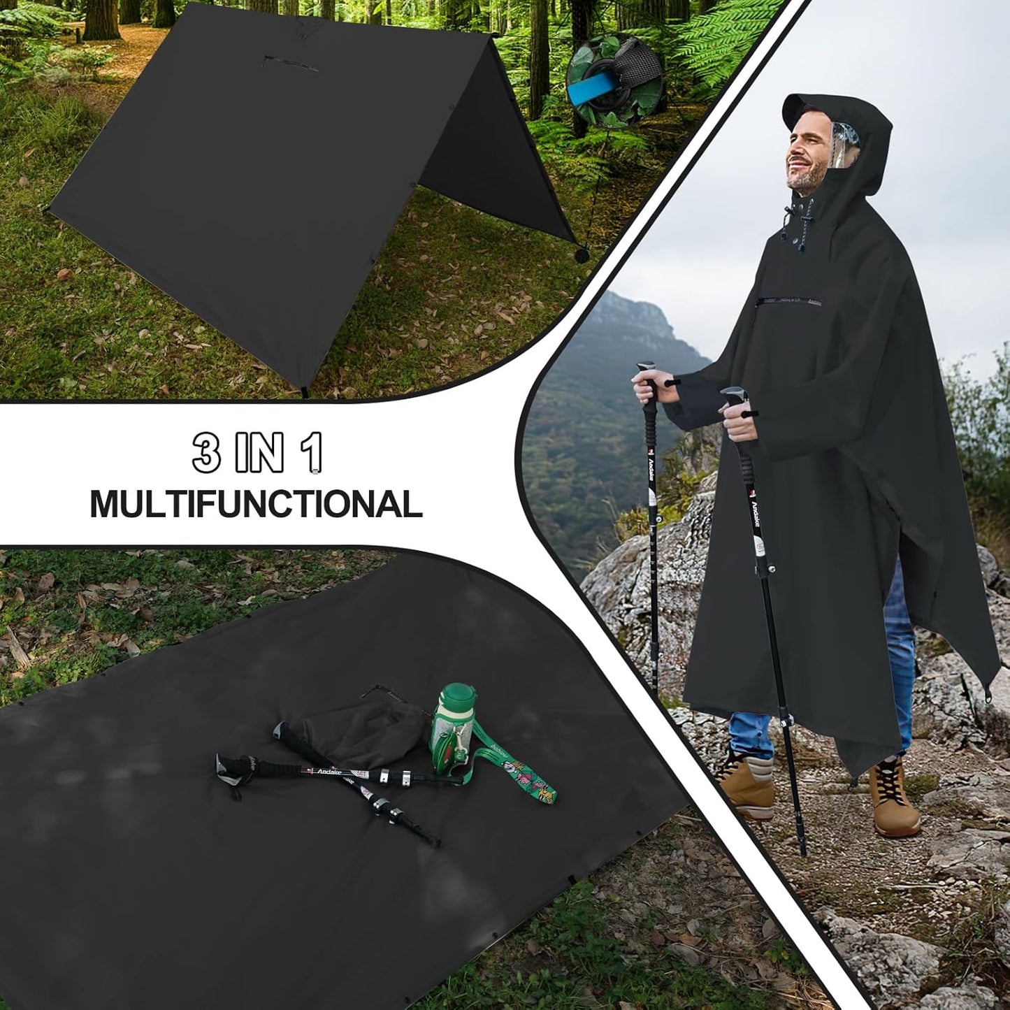 Andake Waterproof Rain Poncho for Adults Unisex,230T Ripstop Polyester,Raincoat Gear with Transparent Viewing Window Outdoors