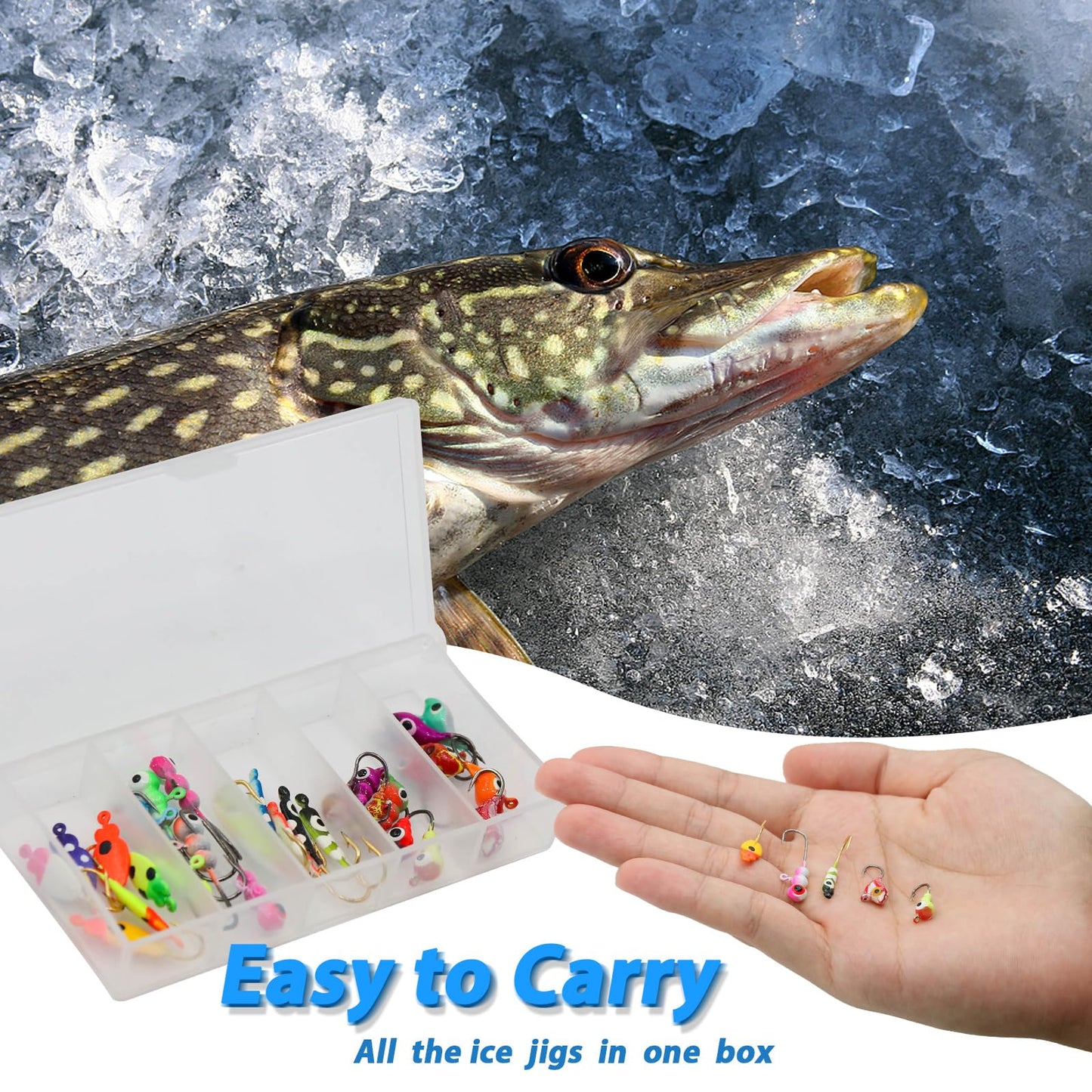 FishTrip Ice Fishing Jigs Kit, 30Pcs Glow Ice Fishing Lure Set for Winter Ice Jigging Crappie Sunfish Perch Panfish Walleye Pike Jigs, Ice Fishing Gear with Storage Box