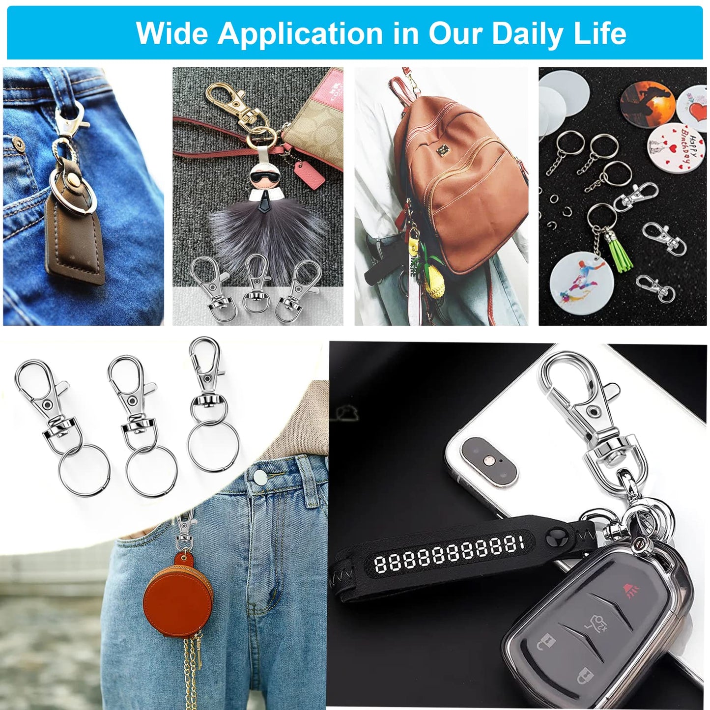 YHYZ Keychain Key Chain Rings Clips Swivel Bulk (Sliver), Swivel Lanyard Snap Hooks X 8pcs with 8pcs Rings, Small Lobster Claw Clasp, for Keychain Crafts Resin Projects Making, Lanyard, Bag, Purse,Tag