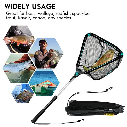 Black Paw Floating Fishing Net Foldable Fish Landing Net with Built in Length Scale Rubber Coated with Neoprene Foam - Black (Telescopic Pole)