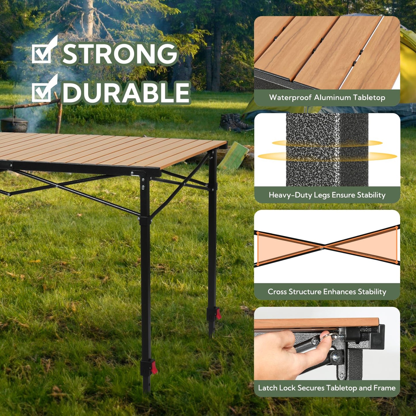 Join Nature Portable Outdoor Adjustable Height Camping Table, Large for 2-6 Person, Foldable Roll-up Aluminum Camp Table with Carry Bag for Picnic, Camp, Sturdy, Stable, Loads 220 Lbs