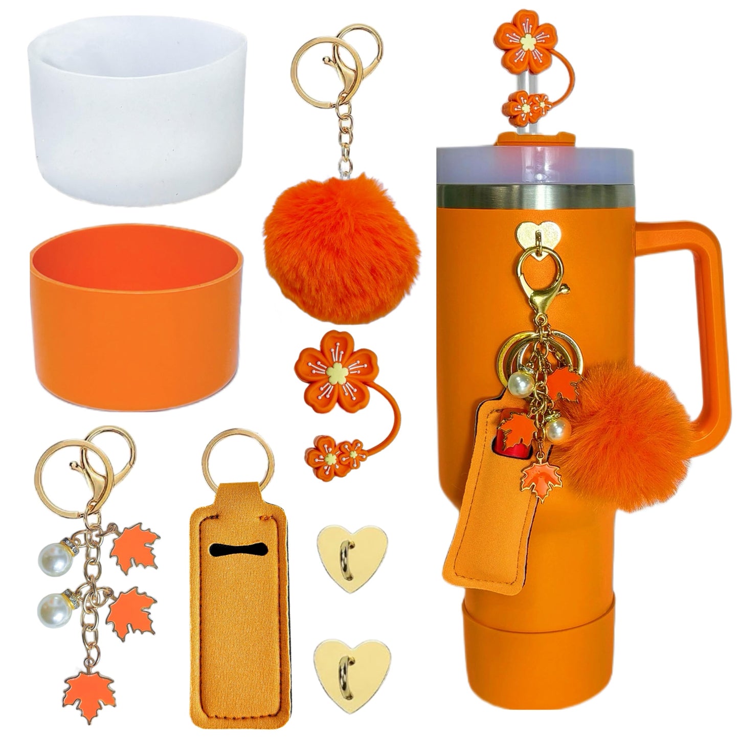 Accessories for Stanley Cup 40oz,2 Silicone Boots for Stanley Tumbler,1 Flower Straw Cover Topper,2 Charms Hooks,1 Lipstick Holder Bag,1 Pompom Ball,1 Cute Keychain Charm(Orange,No Bottle)