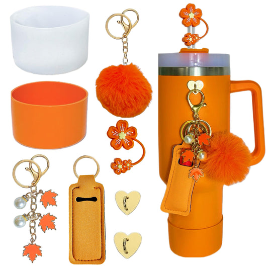 Accessories for Stanley Cup 40oz,2 Silicone Boots for Stanley Tumbler,1 Flower Straw Cover Topper,2 Charms Hooks,1 Lipstick Holder Bag,1 Pompom Ball,1 Cute Keychain Charm(Orange,No Bottle)