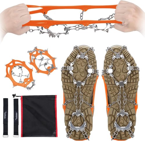 Crampons 19 Spikes with Stainless Steel Chain Ice Snow Grips Traction Cleats System Safe Protect for Walking, Jogging, Climbing, Hiking on Snow and Ice, Boots Chains for Women Men