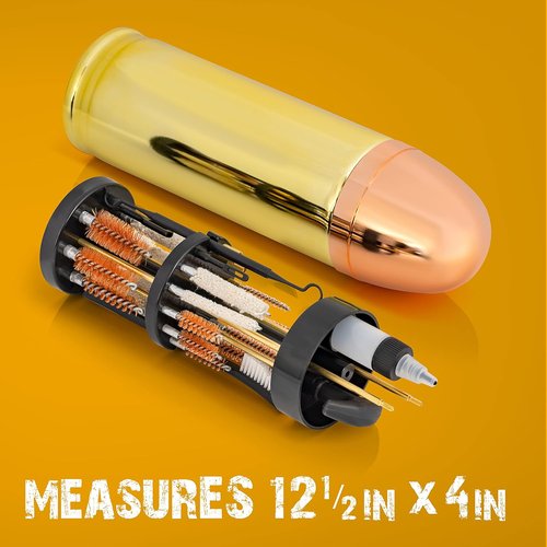 Deluxe Gun Cleaning Kit with Registered Trademarked Aluminum Bullet Shaped Storage Case, Cleaning Tools to Effectively Maintain Handguns, Shotguns and Rifles.