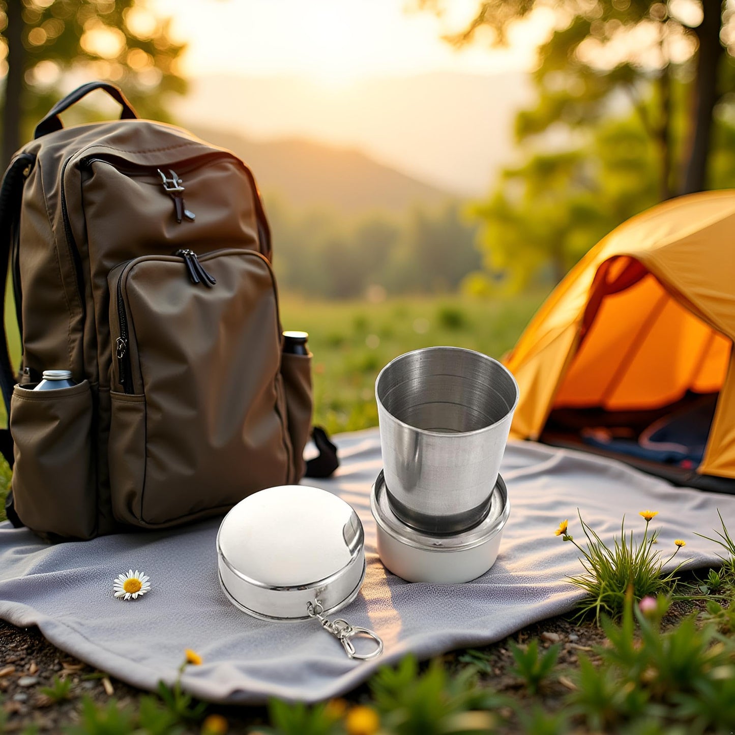 GANPUB 1Pc Silver Stainless Steel Folding Camping Mug Collapsible Portable Cup with Keychain for Outdoor Activities Hiking Picnic(Large), Camp Kitchen