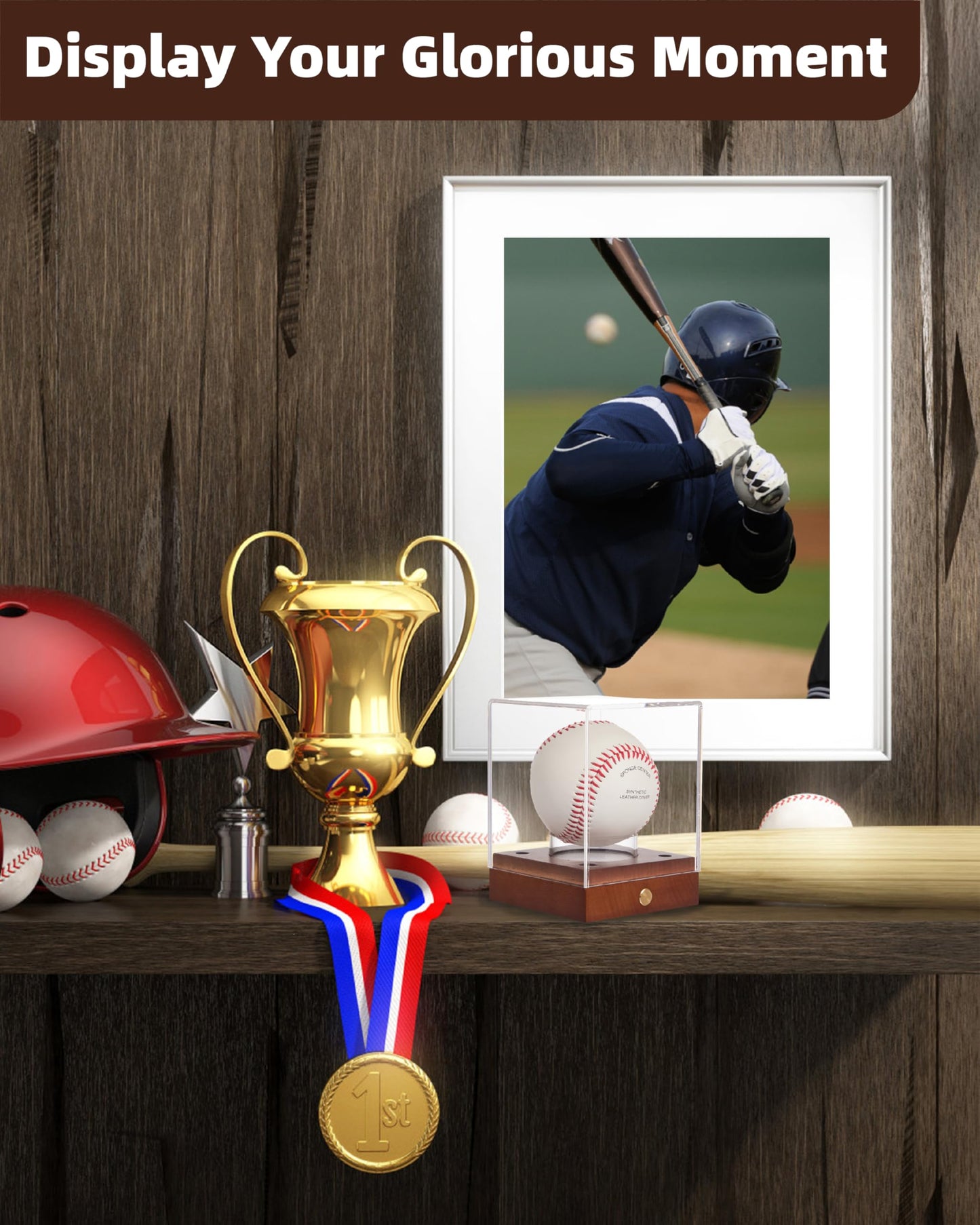 Fitense Baseball Display Case with Led Light, Clear Acrylic Baseball Case Display with Wooden Base, UV Protected Baseball Holder Case, Clear Baseball Stand Box for Memorabilia Baseball