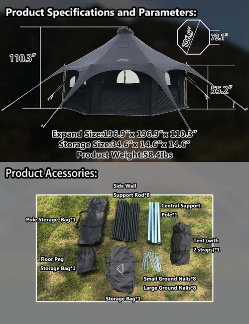 UKGlamping 5M Cotton Canvas Bell Tent - Yurts with Stove Jack, Easy to Set Up，Windproof, Breathable Shade, Family Camping Travel, Group Activities, 4 Season Polyester Cotton Black Tent