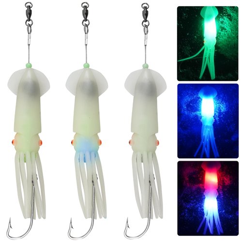 Saltwater Squid Fishing Lures,LED Fishing Lures Lighted Glow Squid Lure Jigs Soft Trolling Squid Lure Deep Drop Flashing Lights Offshore Lures for Halibut Lingcod Mackerel Tuna Striper