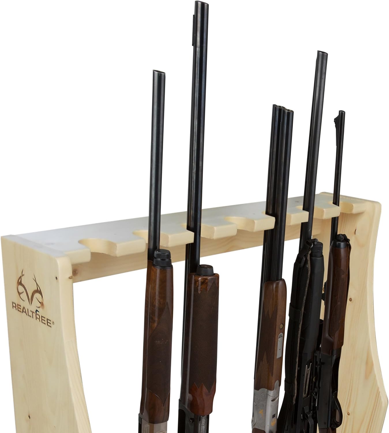 Rush Creek Creations | Freestanding Indoor Gun Rack for Rifles and Shotguns, Gun Holder for 7 Guns, Superb Alternative for a Gun Cabinet or Gun Safe for Rifles and Pistols | Realtree Solid Pine