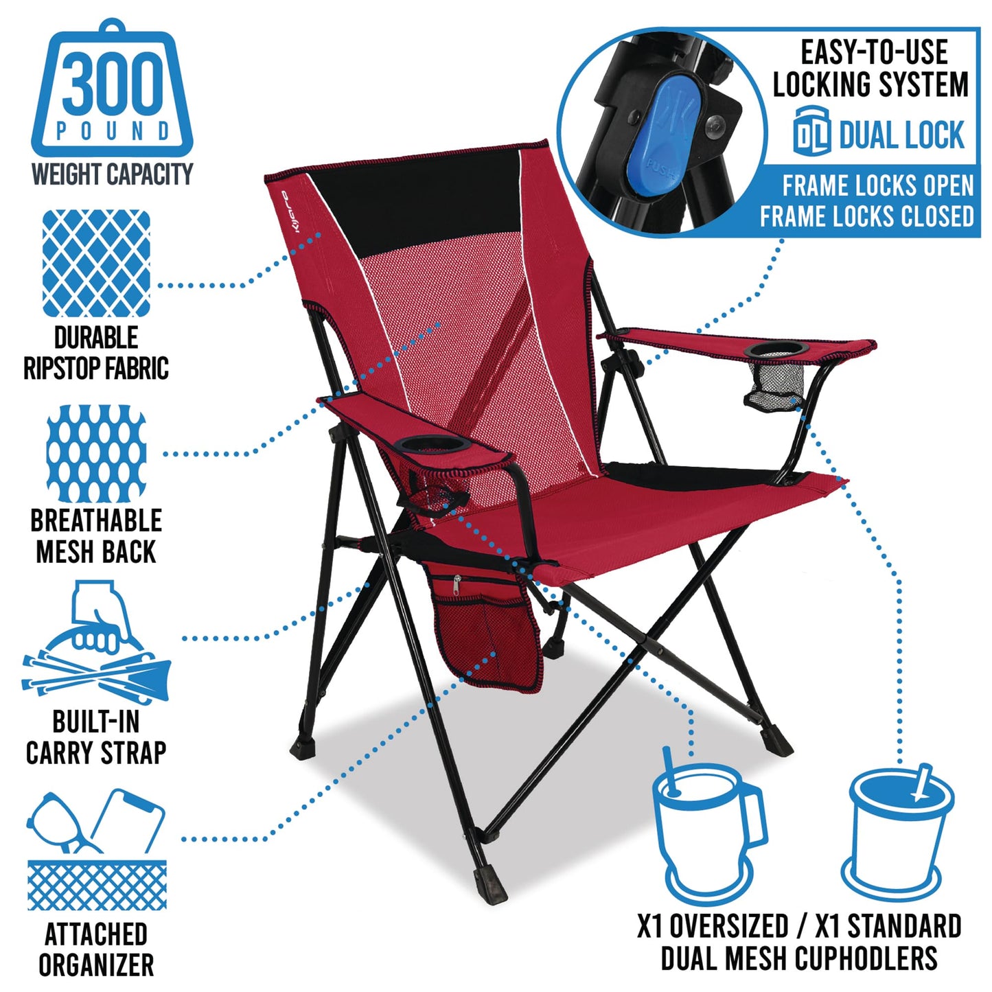 Kijaro Sports Fan Folding Chair, 26" L x 35.5" W x 37" H, Buffalo Bills