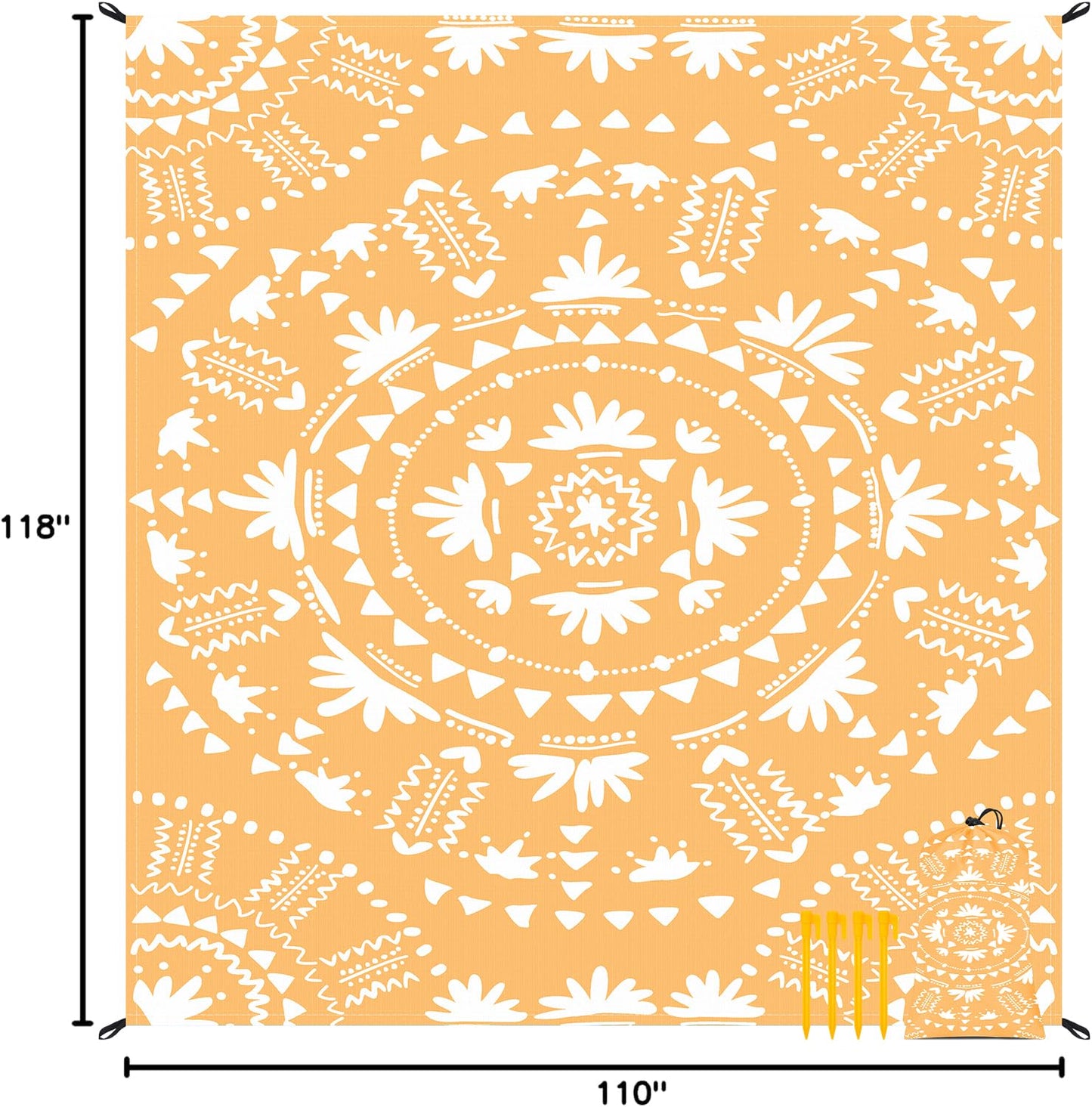 SkyNature 110''×118'' Extra Large Sandproof Beach Blanket 4-8 Adults, Waterproof Foldable Picnic Blankets with 4 Stakes & 4 Pockets, Lightweight Boho Outdoor Beach Mat for Travel, Camping, Hiking