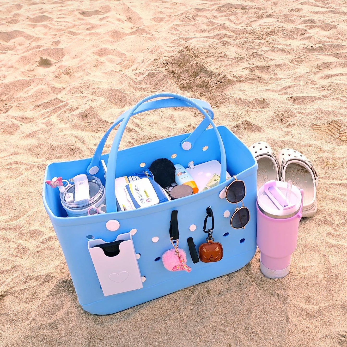 Fabenyok 7PCS Hooks Set and Phone Holder Compatible with Bogg Bag, Plastic Phone Holder for Bogg Bag Accessories, Insert Carabiner Key Holder Charms Fit for Small & Large Beach Bag(White)