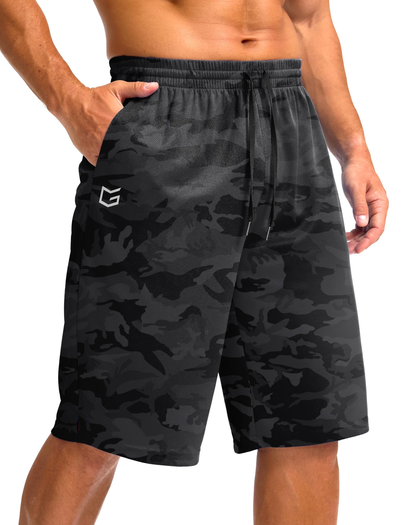 G Gradual Men's Athletic Shorts with Pockets 9" / 11" Long Basketball Shorts Lightweight Quick Dry Gym Workout Shorts for Men(Gray Camo,XL)