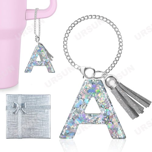URSUN Silver Letter Charm for Stanley Cup, 1PCS Bling Tumbler Accessories Charm for Handle, Personalized Initial Keychain Charm for Women Girls (Letter-A)