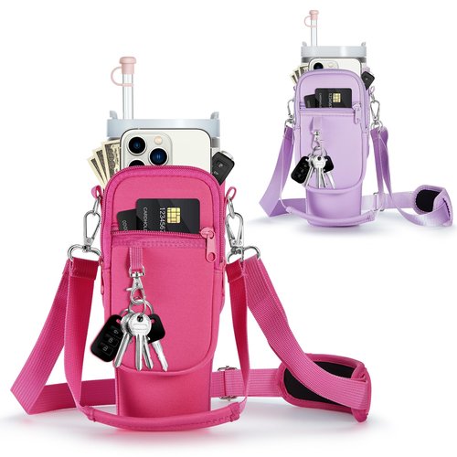 Carrier Bag with Phone Pocket and 2 Adjustbale Straps for Stanley 40oz Tumbler（Hot Pink+Purple）