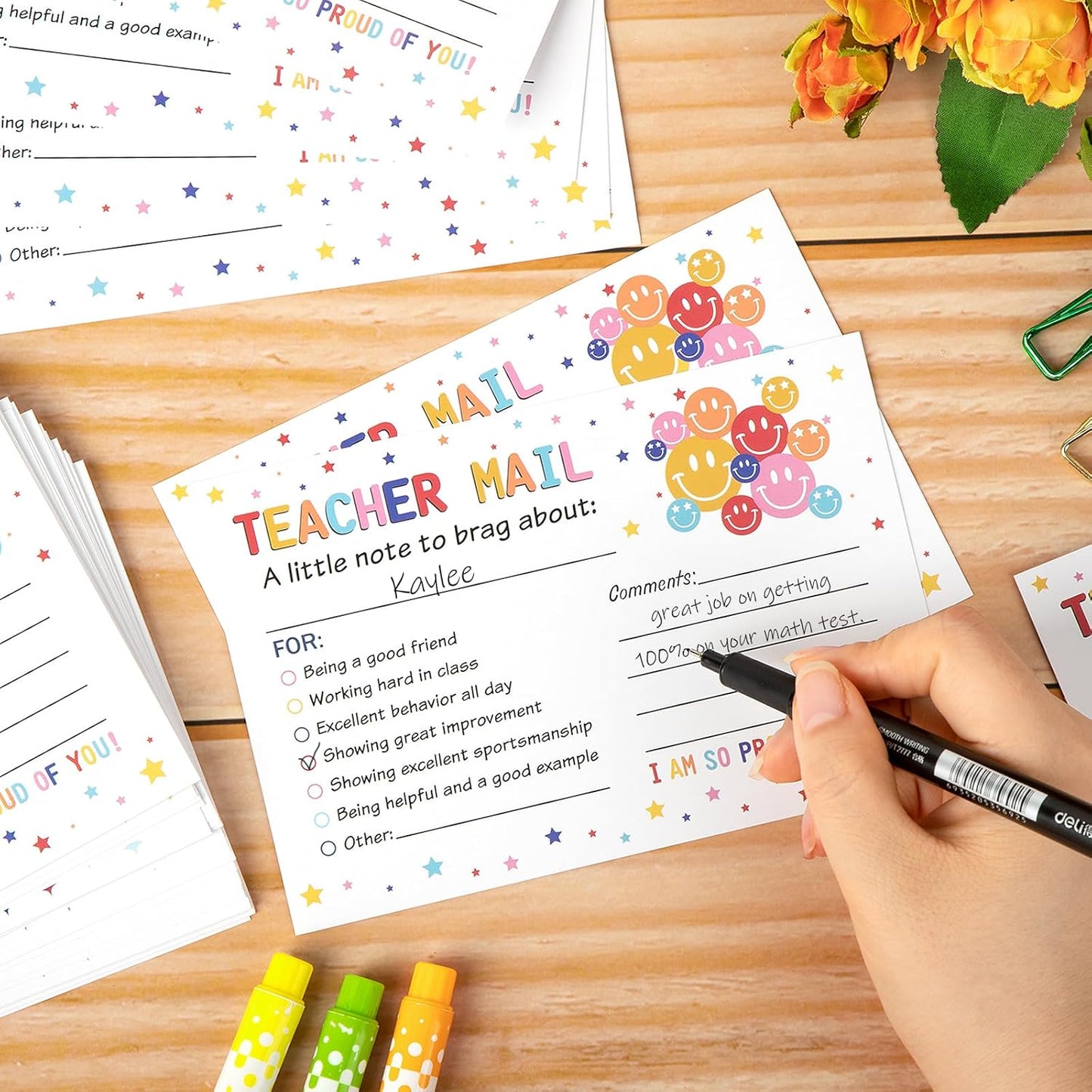 50Pcs Teacher Mail Notes to Parents, Smiley Face Happy Mail Postcards Classroom Good Behavior Incentive Motivational Cards to Send Home for Preschool Kindergarten Elementary School Teacher Supplies