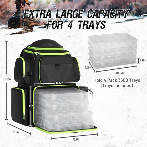 X Strike Fishing Tackle Backpack, 48L Large Fishing Bag with Rod Holder, 4 Tackle Box and Protective Rain Cover, for Fishing Camping Hiking Hunting, Black