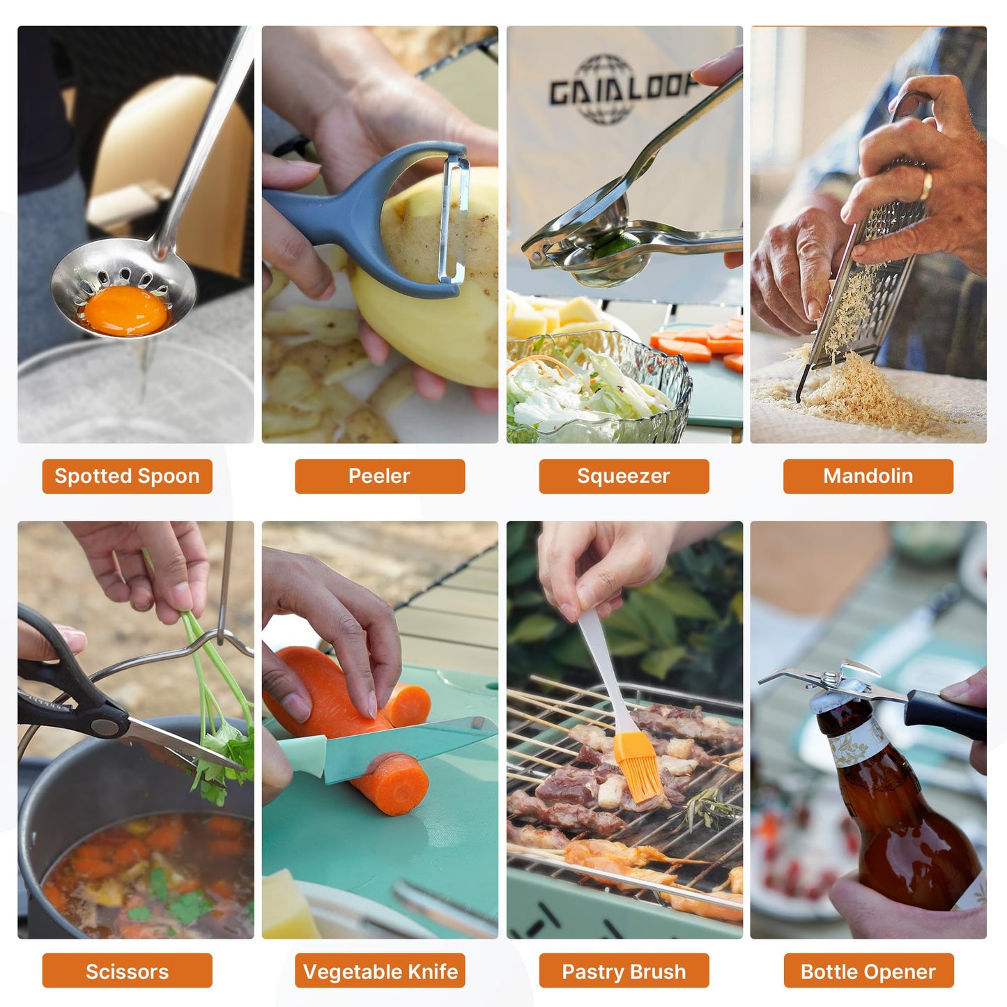 Gaialoop Camping Cooking Utensils Set 16 PCS Camp Kitchen Cookware Kit with Organizer Bag, Portable RV Camping Essentials Camper Must Haves for Cookouts Open Fire Pit