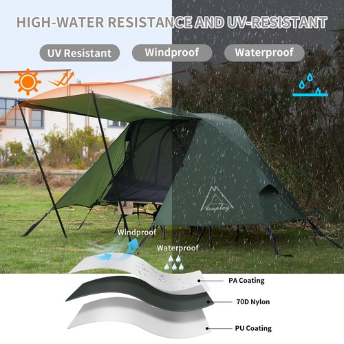 TENPLAY Cot Camping Tent,Backpacking 3 Way Tent,1 Person Solo Tent,Quick Setup,70D Nylon,pu5000mm,UV Cut,7001 Aluminium,Ultralight,Compact,Outerdoor,Hiking,Travel,Mountaineering(Green
