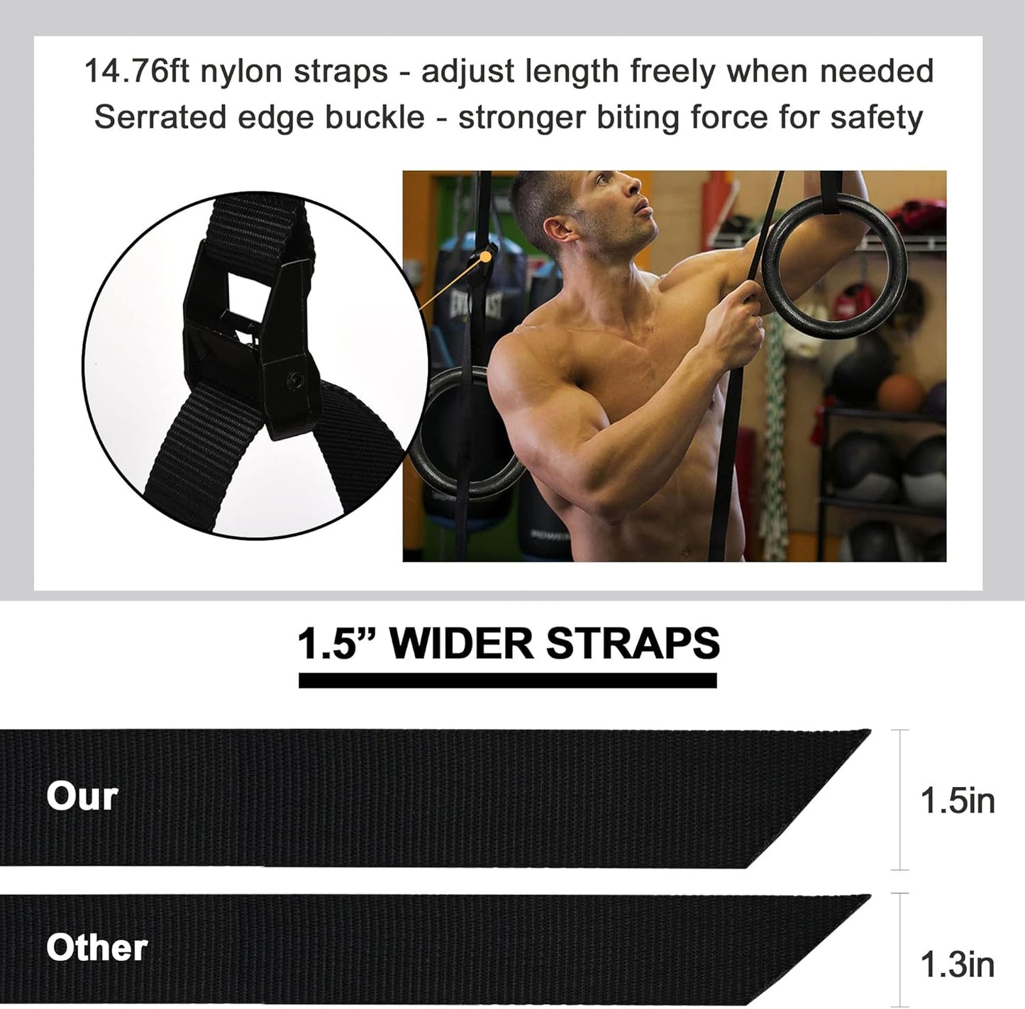 PACEARTH Gymnastic Rings 1100lbs Capacity with 14.76ft Adjustable Buckle Straps Pull Up Exercise Rings Non-Slip Rings for Home Gym Full Body Workout