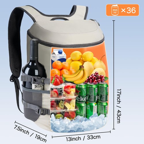 N NEVO RHINO Backpack Cooler, 36 Cans, Light Gray, Nylon, Insulated, Waterproof, Leakproof, Large Capacity, Multiple Pockets, 1.85 lbs